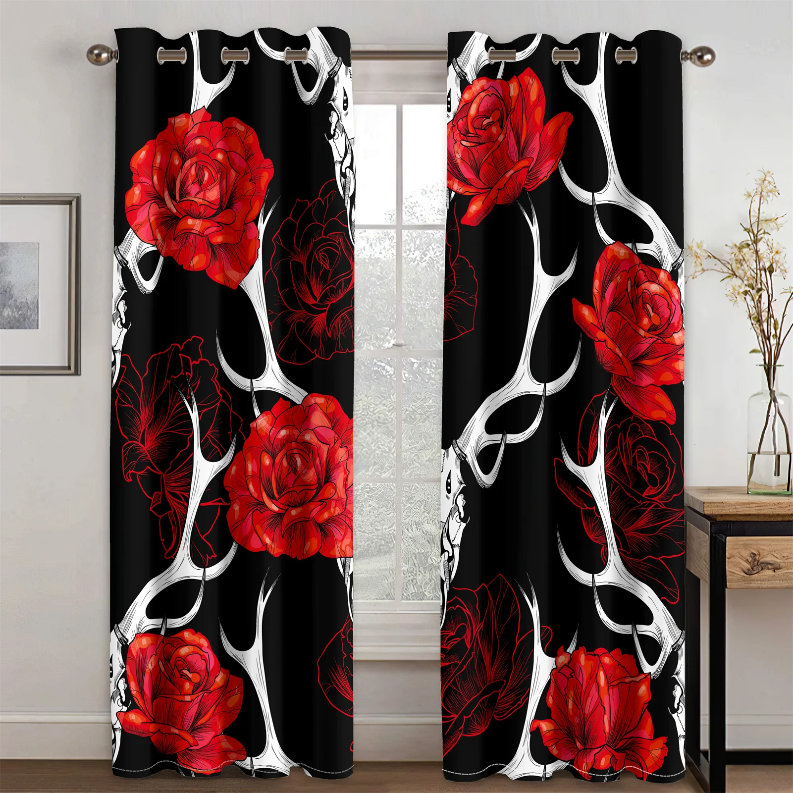 

Cheap Modern Red Rose Flower Skull Black Print Free Shipping 2 Pieces Thin Window Curtain for Living Room Bedroom Kitchen Decor