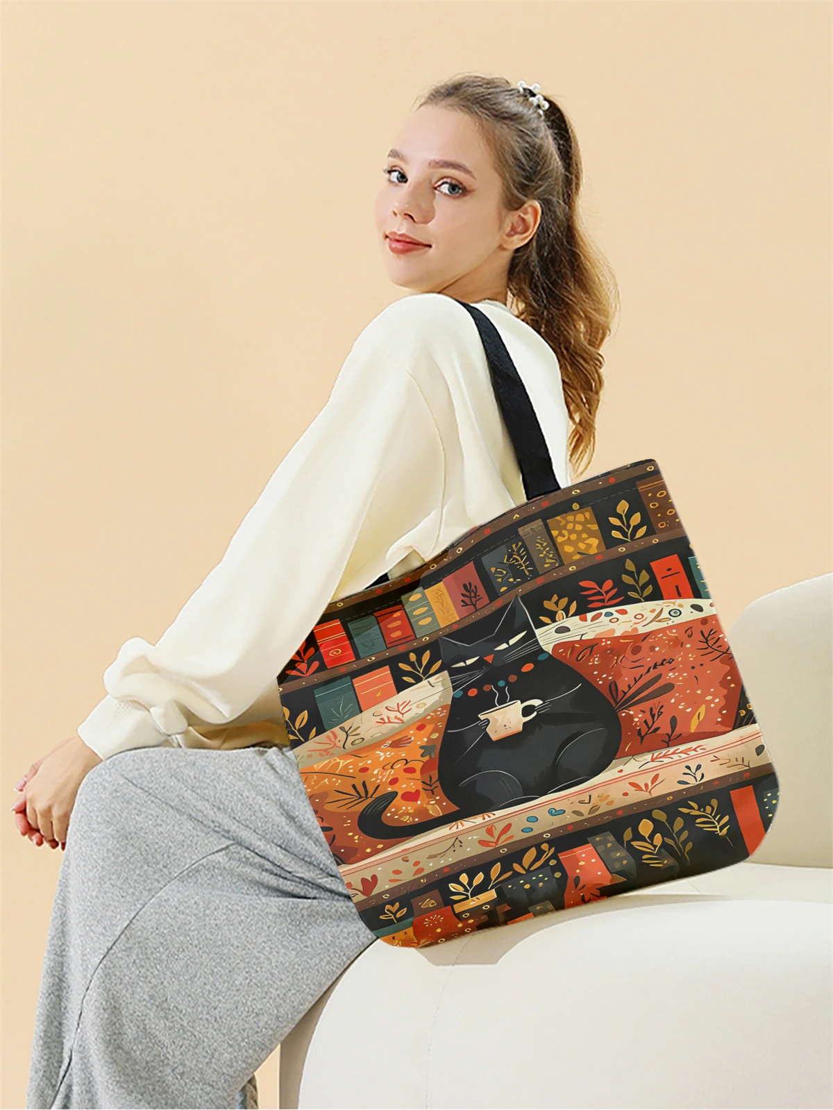 1pc,coffee cat handbag, reusable fashionable handbag, multifunctional handbag, printed canvas shopping bag