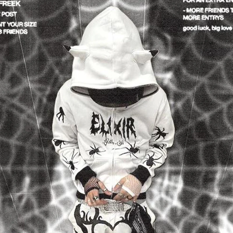 

Hip Hop Spider Web Print Grunge Clothes For Women Long Sleeve Sweatshirts Gothic Punk Y2k Autumn Harajuku Zip Up Hoodie Jackets