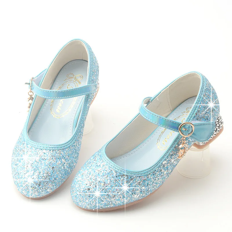 Princess Kids Leather Shoes Girls Flower Casual Glitter Rhinestone Crystal Heel Children High Heel Party Dance Performance Shoes