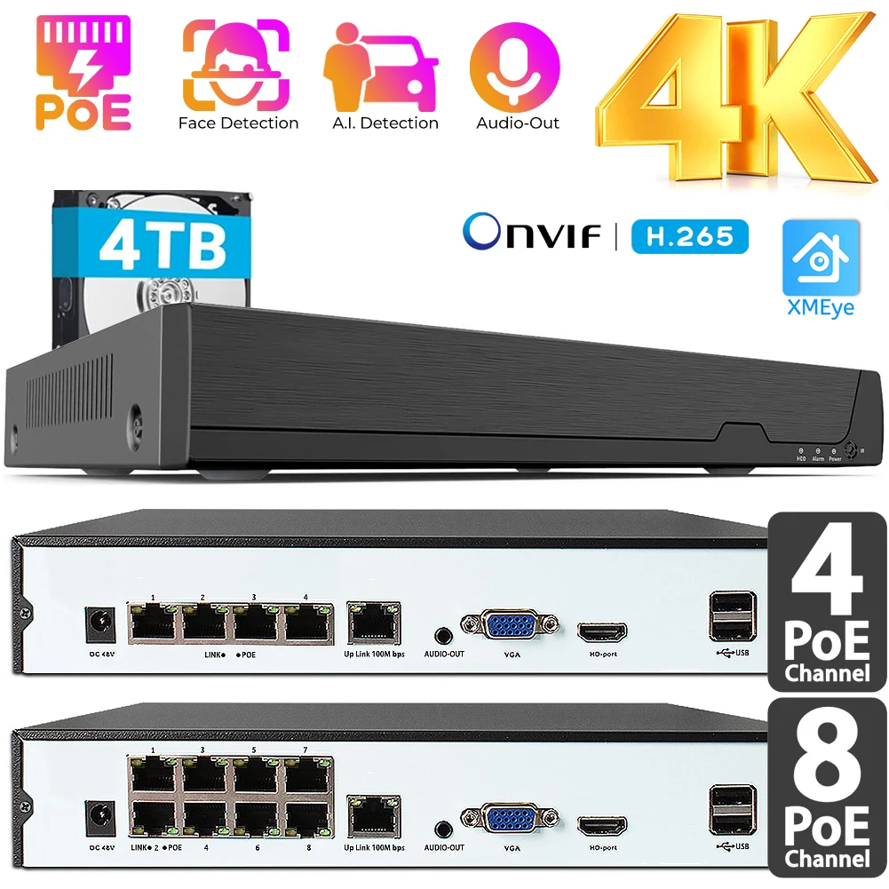 

4K CCTV NVR POE Onvif Network Video Recorder,NVR Recorder for IP Cameras (8x 8MP),DVR 8 Channels Power Over Ethernet XMeye