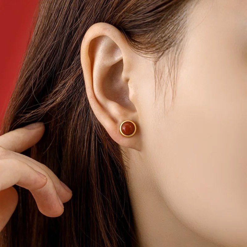 S925 sterling silver inlaid with natural south red agate, Hotan jade and pine stone. Round egg Earrings women's gold plating