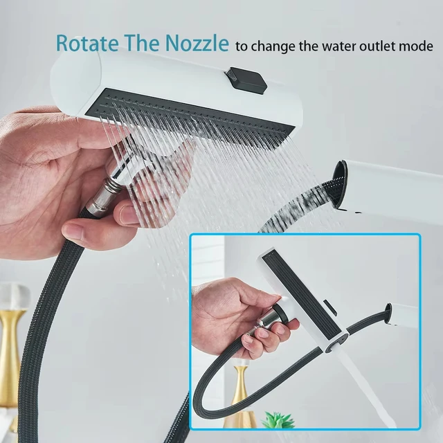 ก๊อกน้ำอ่างล้างหน้าสีขาว/ดำ พร้อมจอแสดงอุณหภูมิแบบดิจิตอล แขนแบบดึงออกได้ หัวน้ำแบบน้ำตก และตัวผสมน้ำร้อนน้ำเย็น 4