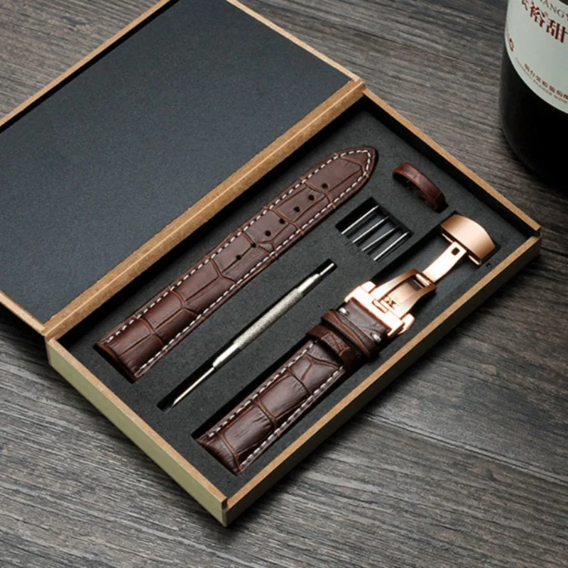 Elegant Genuine Leather Watch Band with Butterfly Clasp - Premium Replacement Bracelet in Elegant Gift Box