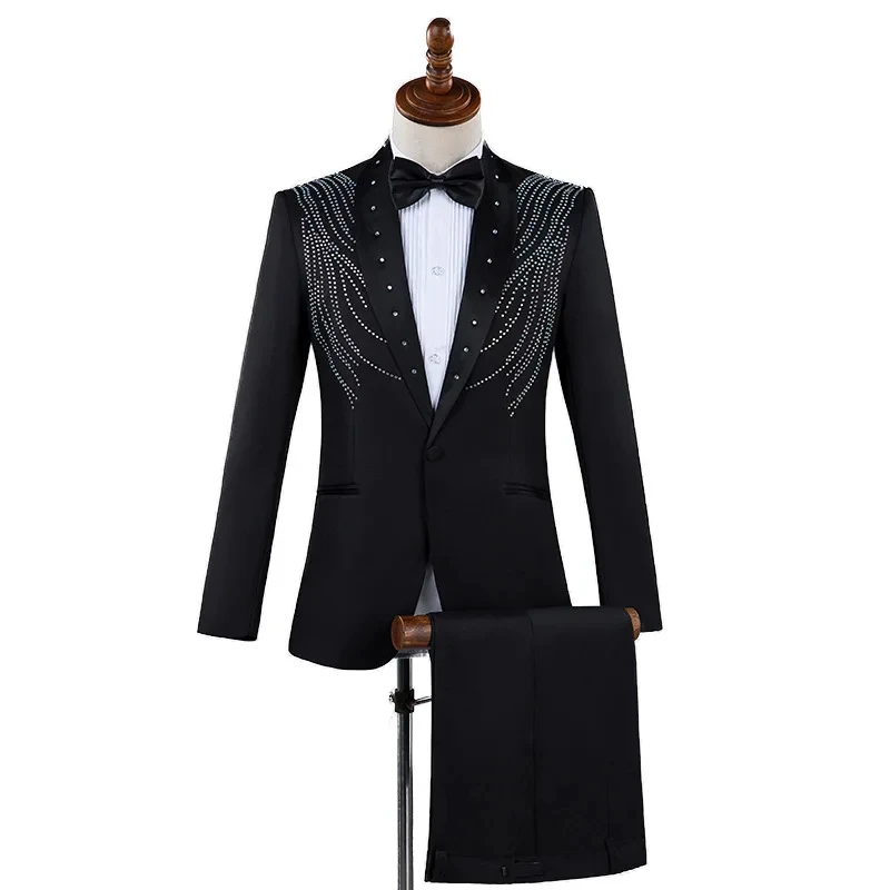 Fashion Crystal Patchwork Men Suit 2 Piece White Red Shawl Collar One Button Costume Homme Wedding Party Tuxedo Blazer Pants Set