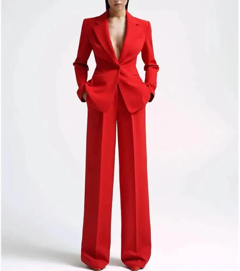 Tesco Single Button Blazer+Wide Leg Pants Suit Sets For Women