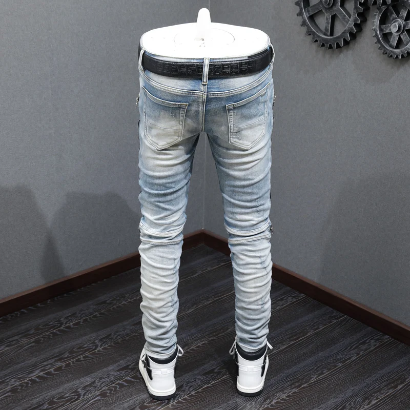 Street Fashion Men Jeans Retro Blue Stretch Skinny Ripped Jeans Men Spliced Designer Patched Hip Hop Brand Biker Pants Hombre