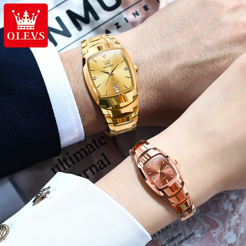 OLEVS 7006 Original Quartz Watch for Couple Tungsten steel Diamond Gold Watch Waterproof Gifts His Hers Watch Sets Couple Watch