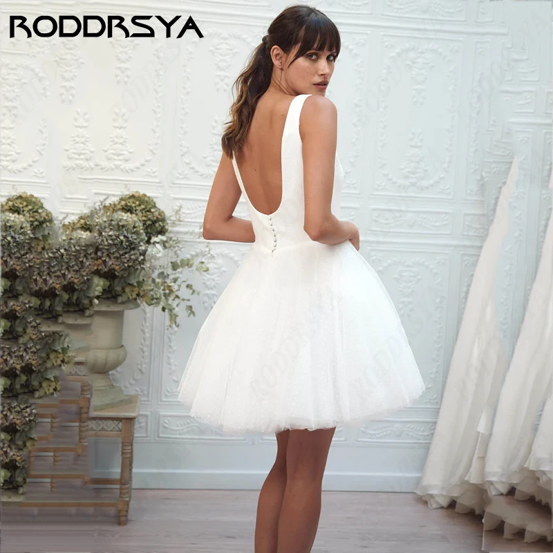RODDRSYA Lovely Tulle Wedding Dress For Women Sexy Square Collar Backless Robe De Mariée Short Mini Spaghetti Straps Bride Party 2