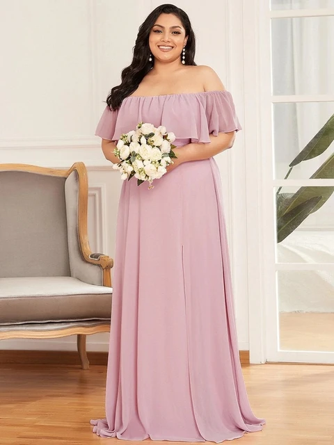 Plus Size Evening Dresses Off The Shoulder Bridesmaid 2022 Ever Pretty fo Long Lace Sleeve Elegant Prom Dress for Women EP00968 Mauve