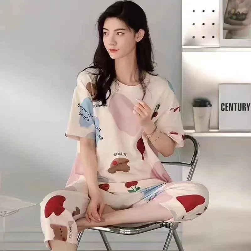 Women Summer Short Sleeve Printed Round Neck Pullover Pajama Set Plus Size Comfortable Home Clothing Sleeping women pajamas set women pajama suit cotton pajamas set