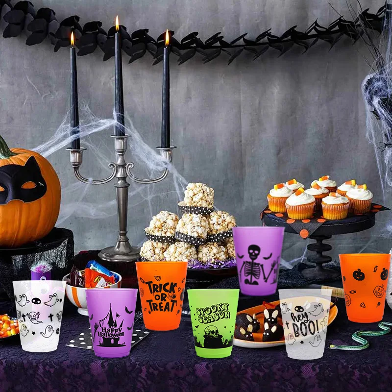 8/16Pcs Halloween Plastic Drinking Cup Boo Skull Trick or Treat Juice Cocktail Cups for Halloween Party Table Decor Supplies