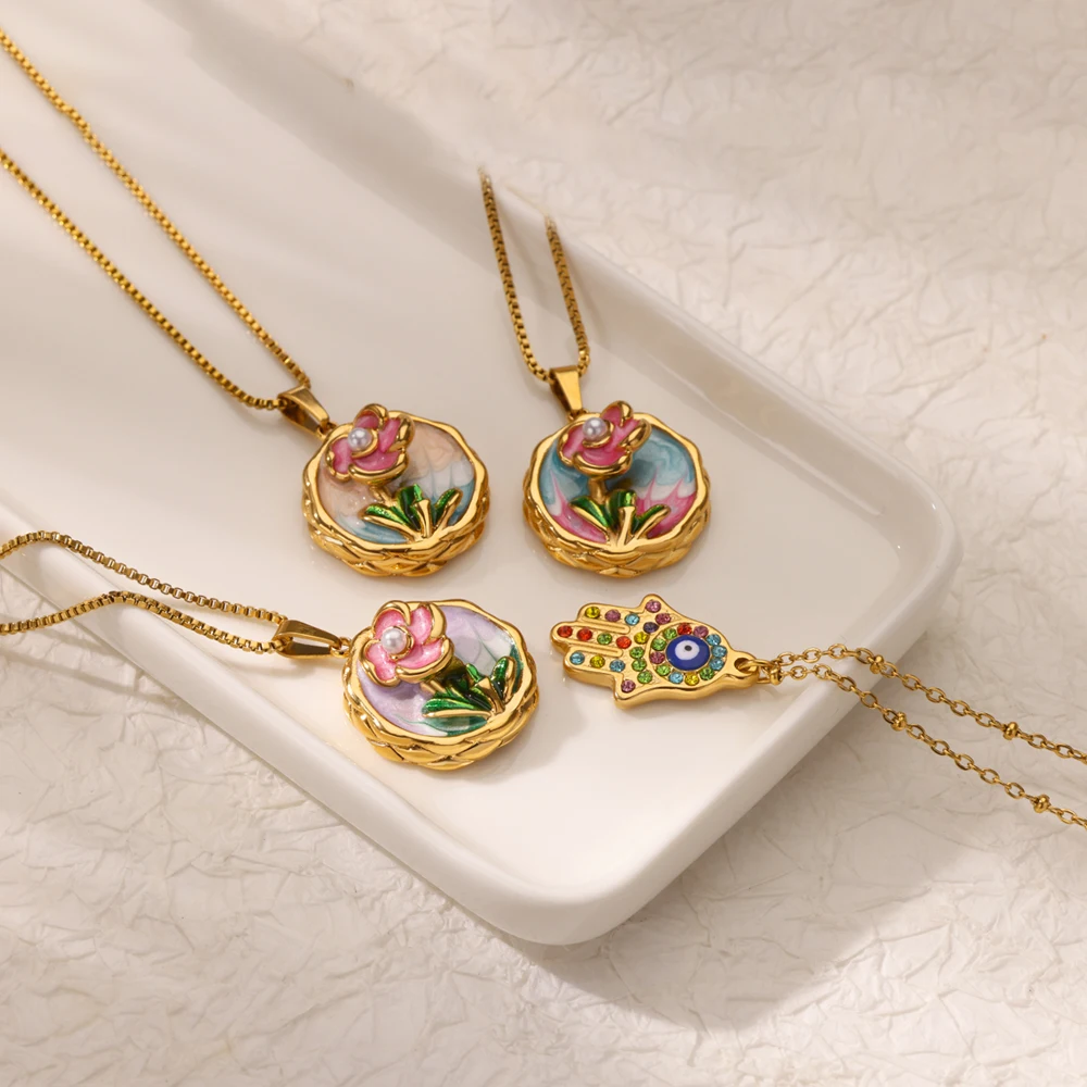 Imitation Pearl Necklaces Oil Dripping For Women Gold Stainless Steel Jewelry