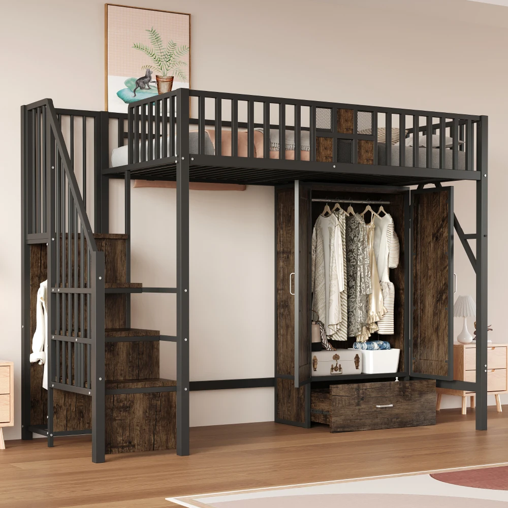 Hochbett aus Metall mit auffälligem Geländer-Design aus Holz und Metallgitter mit großen Kleiderschrankschubladen und Aufbewahrungsleiter – Detail 15