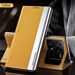 Luxury Leather Flip Stand Phone Case with Kickstand and Plating Finish for Poco X7 (Yellow)