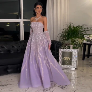 Luxury Dubai Beaded Arabic Lilac Evening Dresses with Sleeves Elegant Strapless Women Wedding Party Gowns 462 1