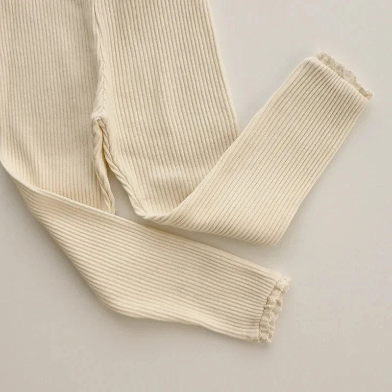 Newborn Leggings For Baby Girl Clothes Infant Kids Ribbed Cotton Solid Leggings Lace Foot Mouth Skinny Pants Baby Clothing baby trousers cotton pants baby leggings