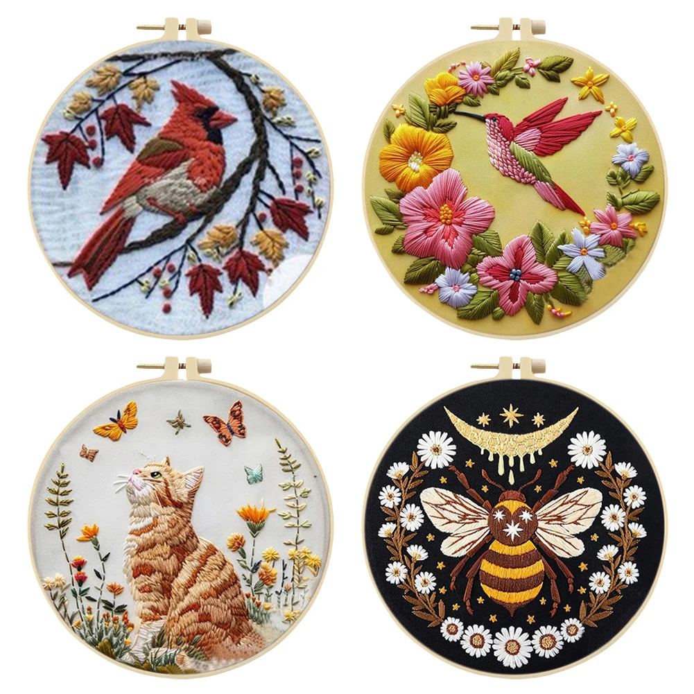 Animal Stamped Cross Stitch Embroidery Kits with Hoop Cloth Color Thread
