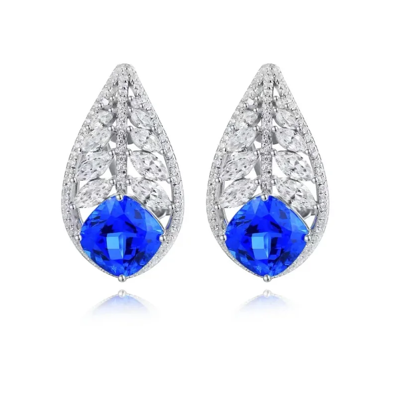 

Ruihe New S925 Silver Cushion Cut Lab Grown Cobalt Spinel Sapphire with Simulated Diamond Zirconia White Elegant Earrings Women