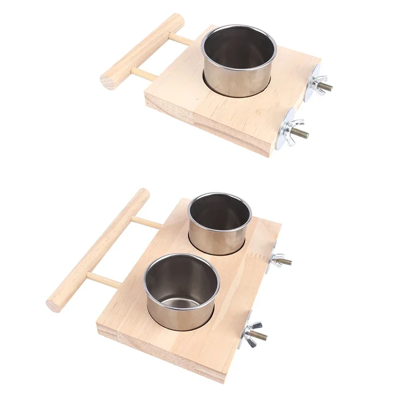 1 Pc Stainless Steel Bird Bowl Feeding Dish Cups Wooden Perch Stand Parrot Cage Feeder for Pet Birds Cockatiels Lovebird Conures