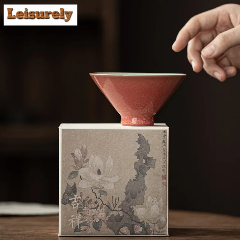 120ml Kiln Fambe Cowpea Red Bamboo Hat Teacup Handmade Tea Bowl Jug Tea-tasting Smelling Cup Chazhan Master Cups For Tea Craft