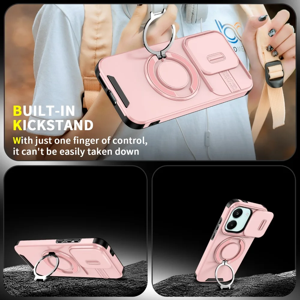 Slide Camera Cover 360° Ring Holder Shockproof Armor Phone Case with Magnetic Car Mount Compatibility