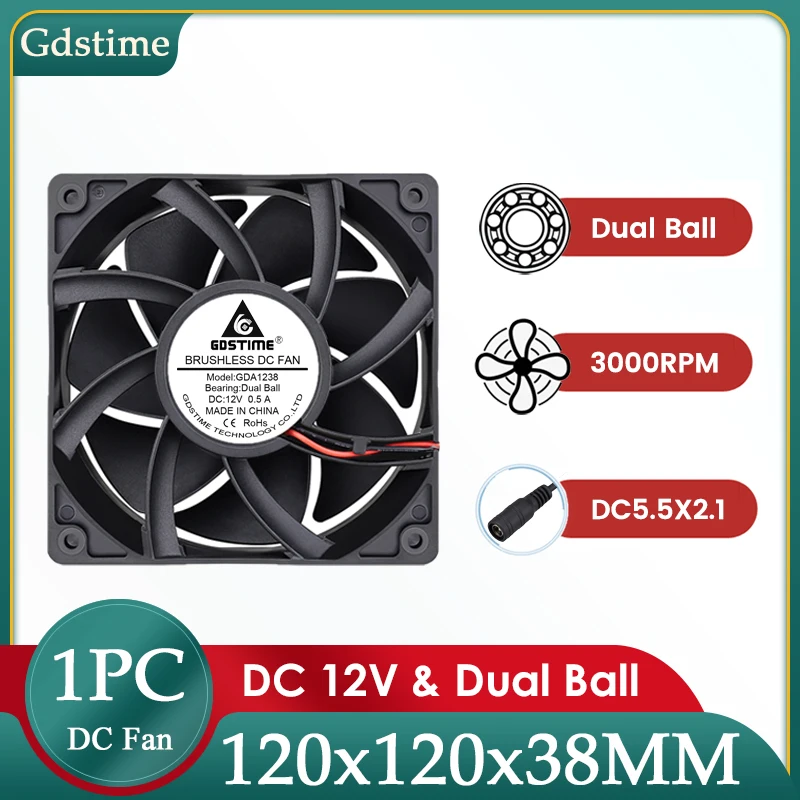 

Gdstime DC 12V Dual Ball DC Plug 12038 High Speed Big Air Flow Cooler 120x38mm Brushless Fan 120mm Server Cabinet Cooling Fan