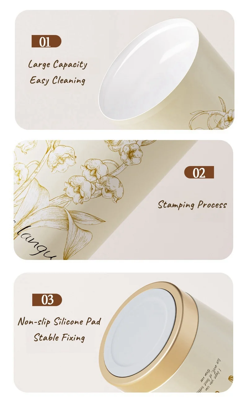 High Grade Elegant Flower Ceramic Liner 316 Stainless Steel Bell Orchid Coffee Mug Hot Cold Thermal Mug Gift Leather Sleeve