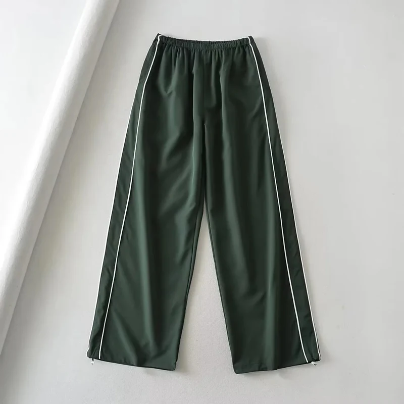 Woman Satin Side Stripes Loose Drawstring Long Cargo Trousers Hip Hop Sweatpants