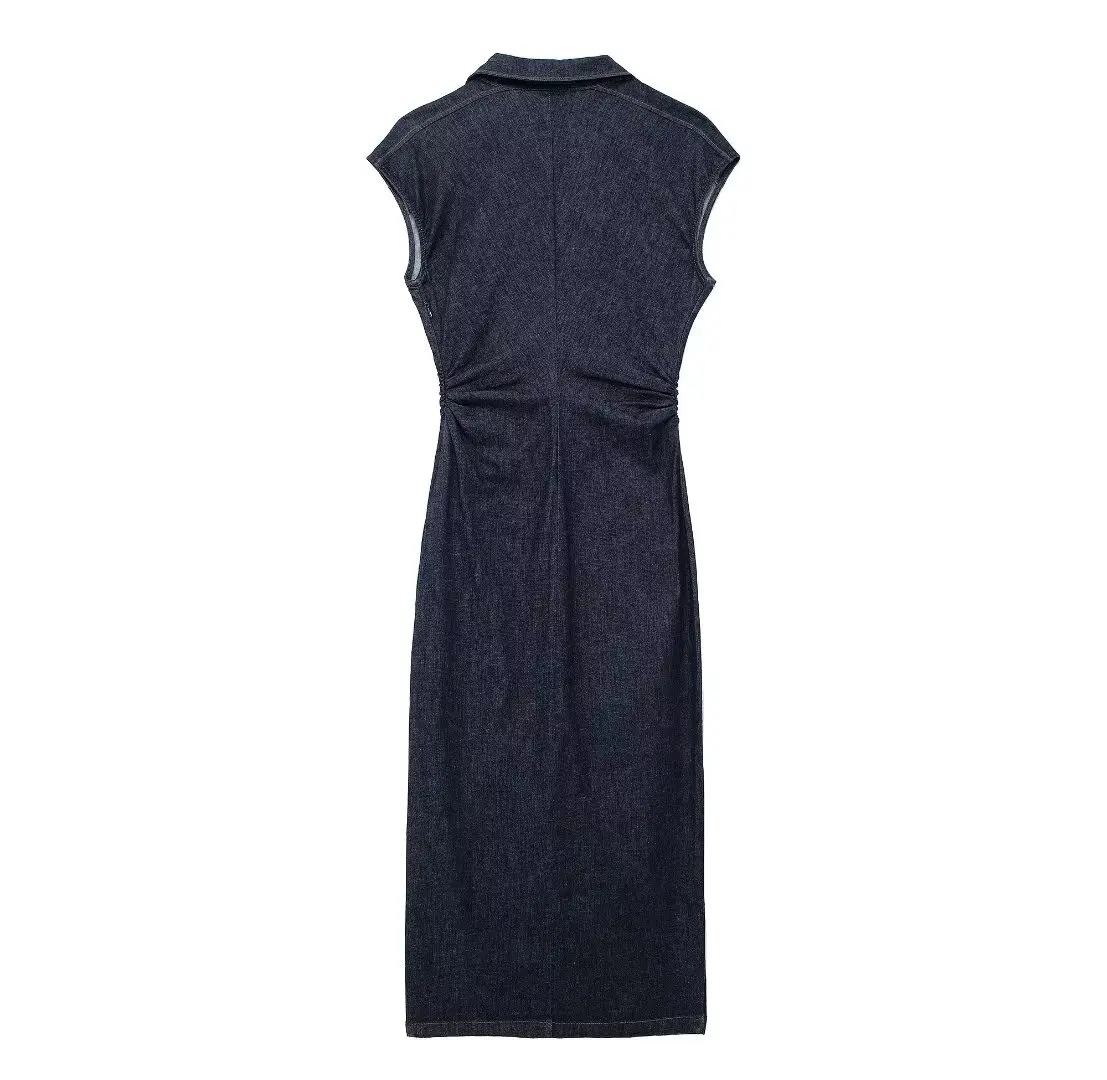TRAF Sleeveless Denim Long Dress Women Bodycon Tank Midi Dress Woman Summer Ruched Button Up Casual Dresses For Lady 2024 2