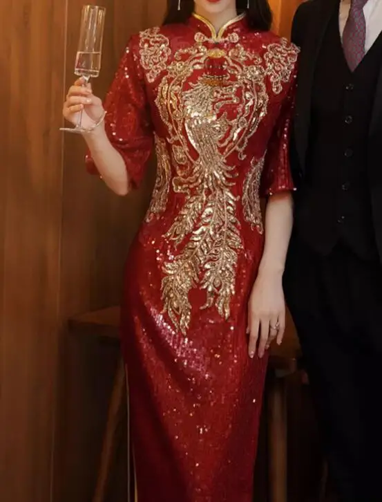 

Chinese Wedding Dress Red Sequin Shiny Stage Long Cheongsam Spring New