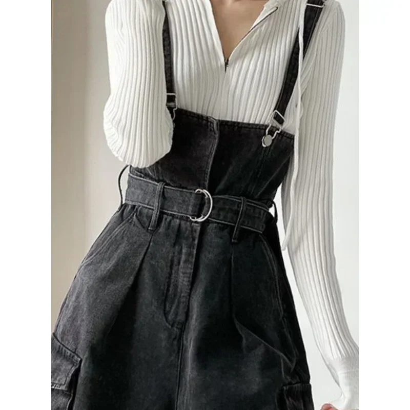 Denim Jumpsuits Women High Waisted Cargo Trousers American Streetwear Teens Personal Hipsters Pure Big Pockets Washed Clothes