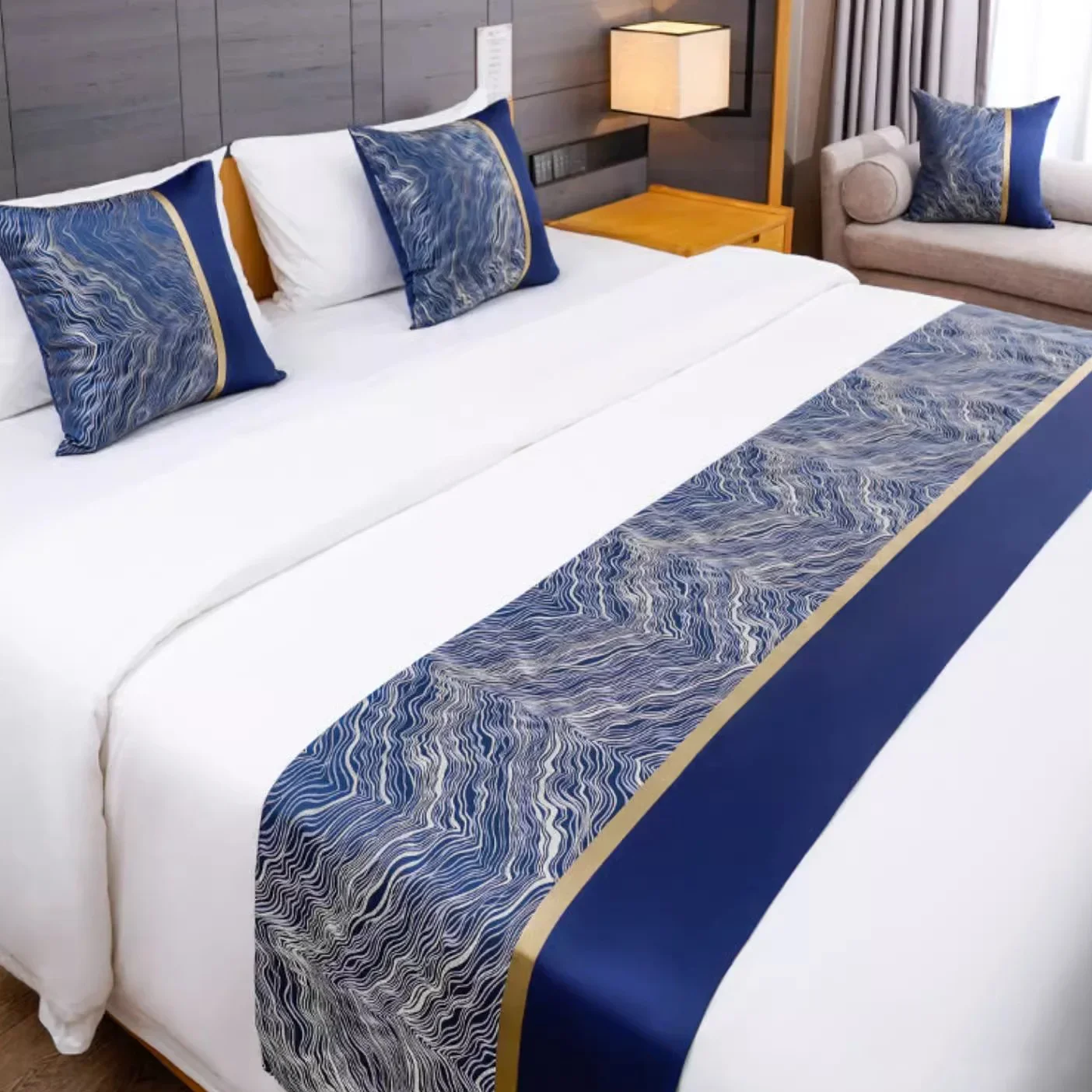 

45cm Wide Chinese Water Ripple Bed Flag Hotel Golden Edge Bed Tail Towels Jacquard Blue Satin Bedding Decoration Seat Towel