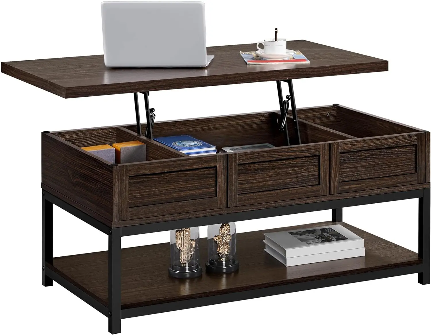 

Lift Top Coffee Table with Hidden Compartments & Bottom Open Shelf, Lifting Tabletop Center Table for Home Living Room Reception