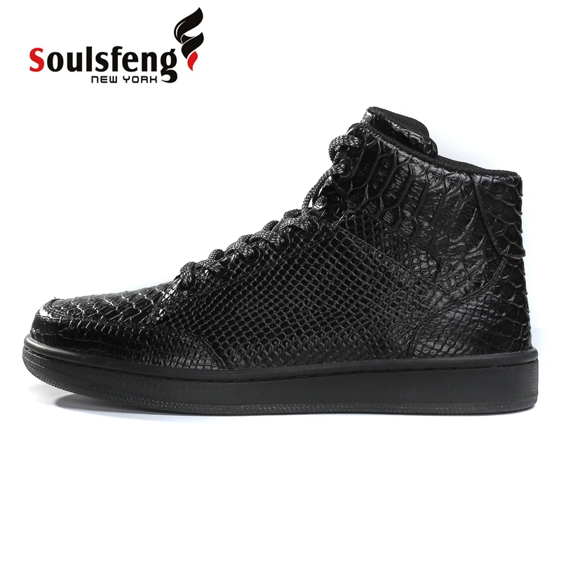 

Soulsfen Men's Snakeskin Black Sneakers Lace Up Spring Autumn High Top Skate Shoes Outdoor Casual Shoes Women