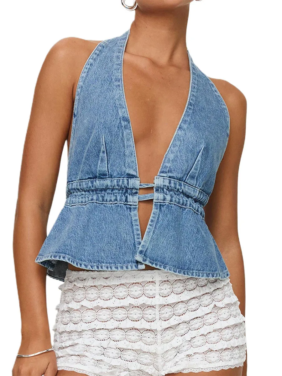 Sexy V-Neck Lace Camisole Spaghetti Strap Sleeveless Tank Top Backless Solid Color Summer Blouse for Beach Party Nightclub 1