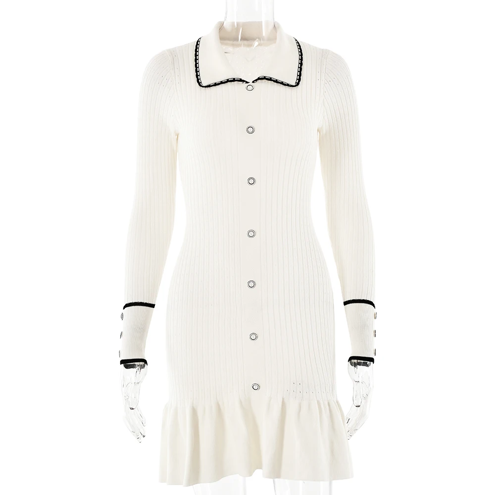 JULISSA MO Knitted Turn-down Collar Women Dress White Long Sleeve Single Breasted Dress Female Autumn Skinny Elegant Streetwear