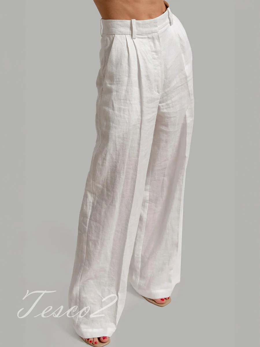 Tesco Vest Full Trousers Sets For Women 2024 Summer Office Lady Tops 2 Piece Casual White Linen Pants Sets For Wedding Party