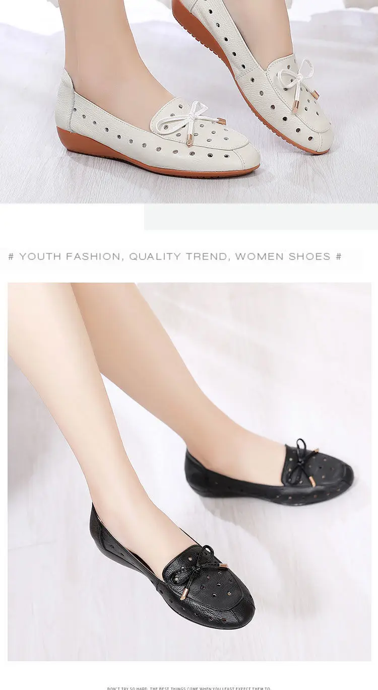 2022 Summer Mom Cowhide Leather Moccasins Woman Slip On Wedges Shoes Designer Breathable Hollow Out Bowtie Ballet Flats