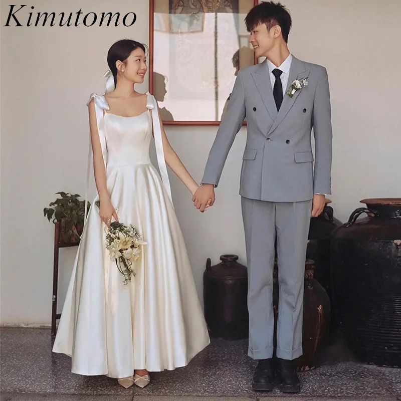 

Kimutomo Backless Lace Up Bows Satin Wedding Dresses High Waist Simple Design Sleeveless Prom Dress French Style Chic Vestidos