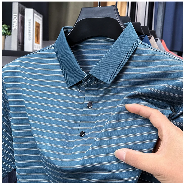 High Quality Summer Men's Business Casual Short Sleeve Comfortable Stripe Lapel Fashion Polo Short Sleeve No Trace T-shirt Top 23 S10fbb367222c408494a7cfd40b6252581