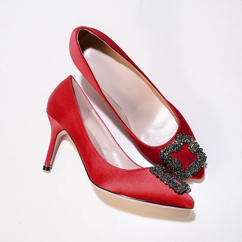 

Thin Heel Women's Button Pointed Single Shoes Snowflake Button Water Diamond Wedding Shoes High Heels