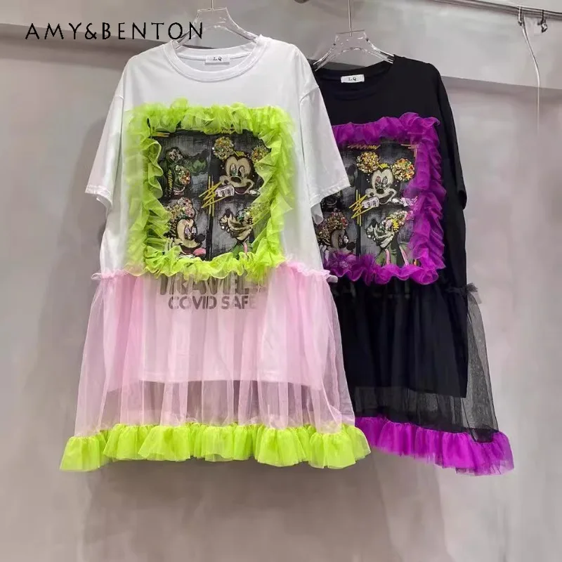 

2024 Summer Cartoon Beaded Tshirts Women's Color Matching Heavy Industry Rhinestone Patchwork Tulle Vestidos Loose T-shirt Dress