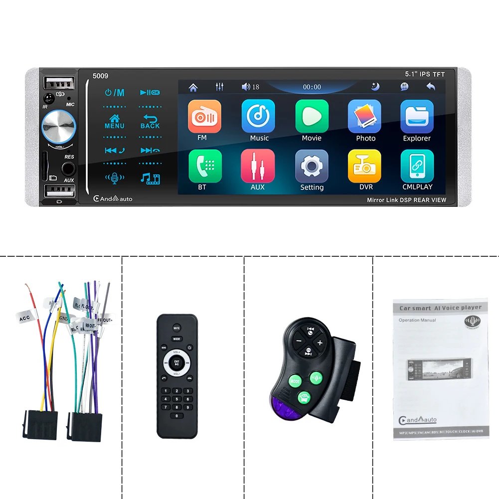 Ptopoyun 1 Din Carplay Radio Car Bluetooth Autoradio MP5 Player 5.1 Inch FM Audio Stereo Receiver IPS Touch Screen Mirror link