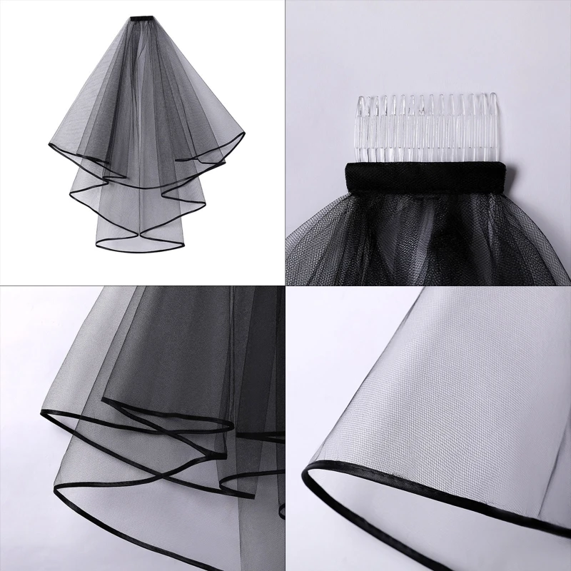 Double Mesh Tulle Ribbon Edge Women Short Wedding Veil with Comb Bride Headpiece