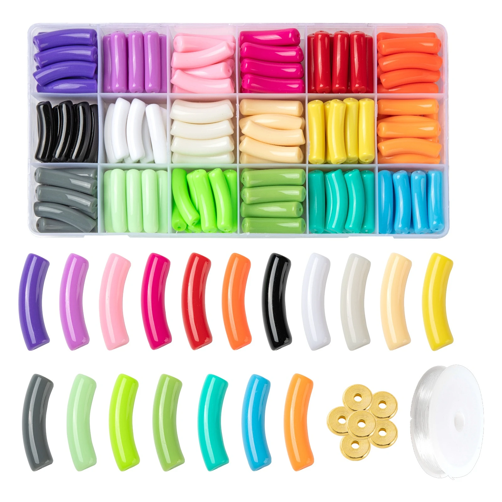 Juego de cuentas de tubo curvo de plástico CCB para fabricación de pulseras elásticas, Kit de cuentas espaciadoras de acrílico deslizantes de fideos de colores, cordón elástico, 1 Juego| - AliExpress