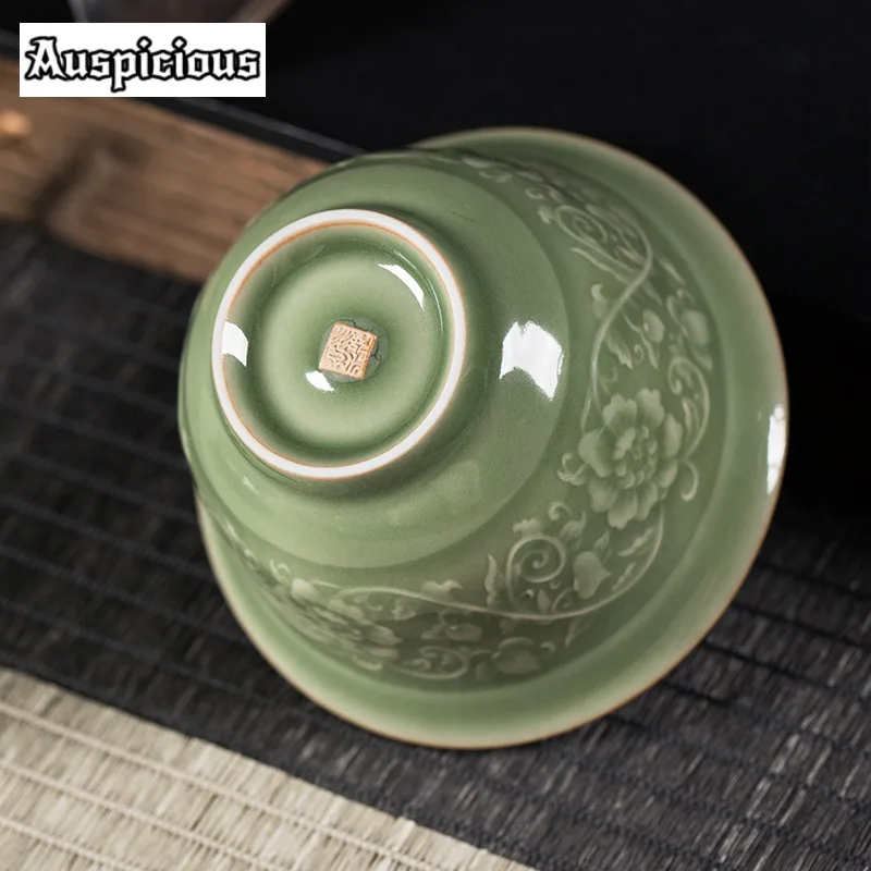 Longquan Celadon Shallow Gaiwan 150ml Zen Relief Entangled Lotus Flower Tea Tureen Tea Making Cover Bowl Ceremony Decoration