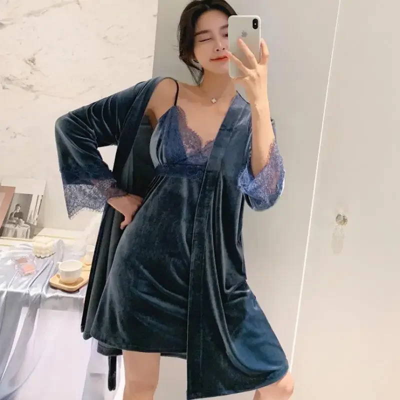 

Bathrobe Suit Women Velour Lace Nightgown Homedress Two Piece Velvet Sleepwear Gown Loungewear Autumn Winter Nighty&Robe Set