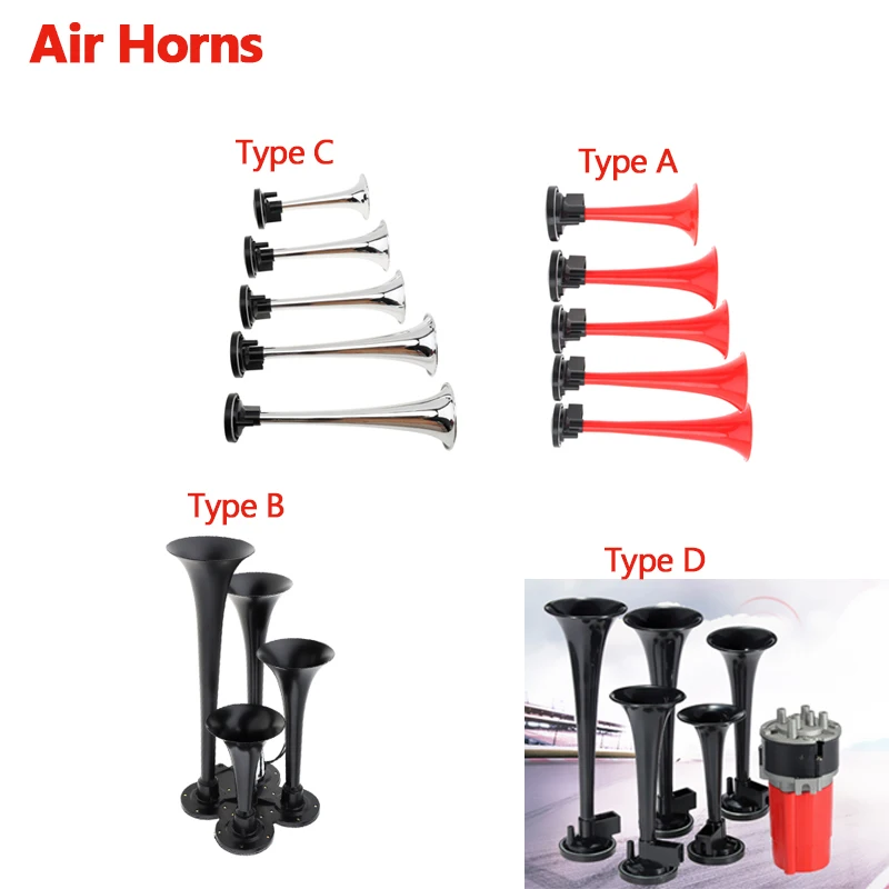 

125DB/178DB 12V Super Loud Car Air Horn Full Complete System with Compressor Red 5 Trumpet Air Horn Speakers for Car Truck Boats