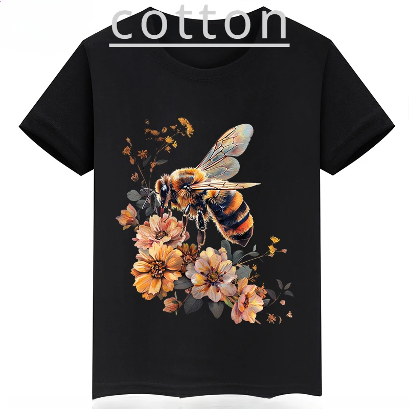 thumbnail image 1 of Ropa infantil con estampado de abejas, camisetas negras de manga corta de verano para niños, camisetas de algodón personalizadas para niños y niñas, 1 of 4
